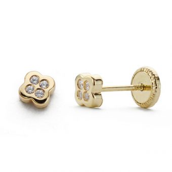 Pendientes Bebé 4 mm en Oro Amarillo de 18 Quilates Flor con Circonitas