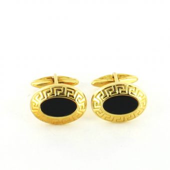 Gemelos de Oro Amarillo 18K con Onix y Greca Tallada