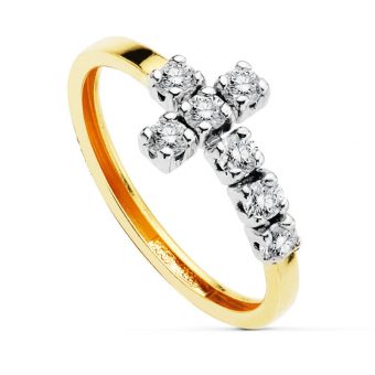 Anillo en Oro Bicolor 18K con Cruz de Circonitas