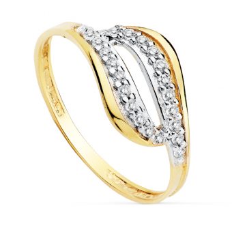Anillo en Oro Bicolor 18K con Formas Redondeadas de Circonitas