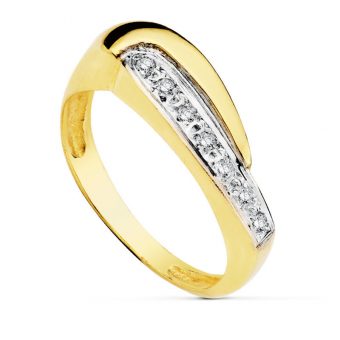 Anillo en Oro Bicolor 18K con Pieza Curva y Banda de Circonitas