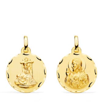 Medalla Escapulario 18 mm Virgen de las Angustias y Corazón de Jesús en Oro Amarillo 18K Tallada