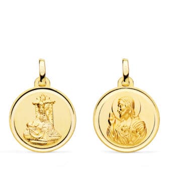 Medalla Escapulario 18 mm Virgen de las Angustias y Corazón de Jesús en Oro Amarillo 18K Bisel