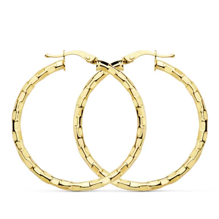 Pendientes Aro 34 mm en Oro Amarillo de 18 Quilates Tubo Hueco Tallado - Imagen 1
