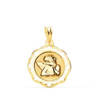 Medalla Bebé 17 mm Ángel Burlón en Oro Amarillo 18 Quilates Cerco Calado