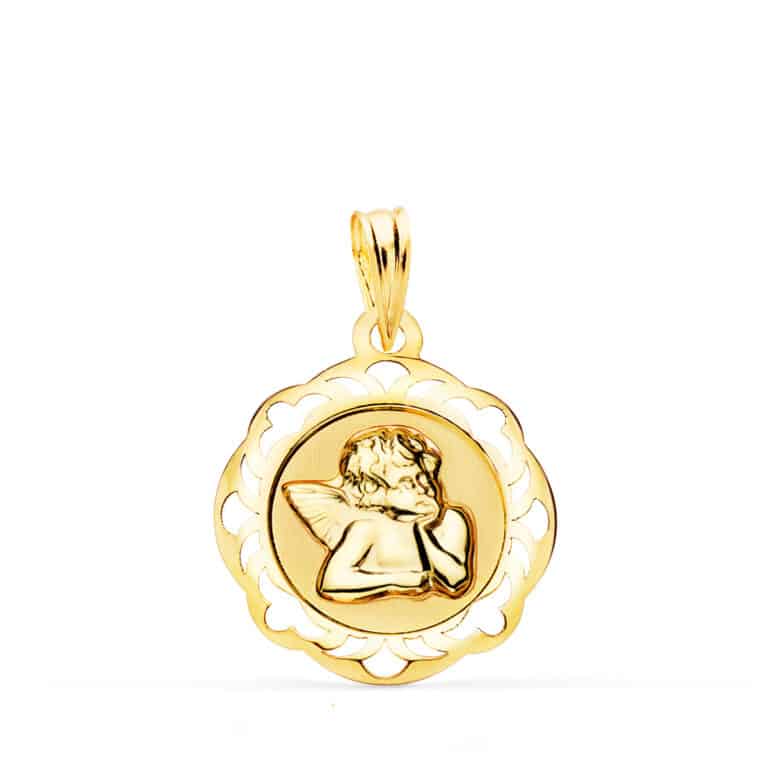 08000105a Medalla Bebé 17 mm Ángel Burlón en Oro Amarillo 18 Quilates Cerco Calado - Imagen 1