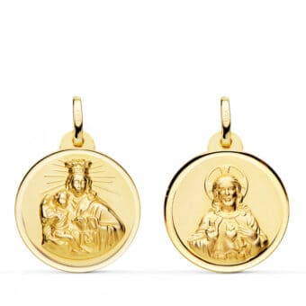 Medalla Escapulario 22 mm Virgen del Carmen y Corazón de Jesús Oro Amarillo 18K Bisel