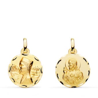 Medalla Escapulario 16 mm Virgen de Montserrat y Corazón de Jesús en Oro Amarillo 18K Tallado