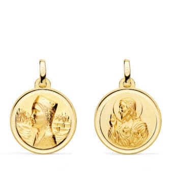 Medalla Escapulario 18 mm Oro Amarillo 18K con V. Montserrat y Sagrado Corazón