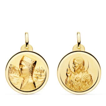 Medalla Escapulario 18 mm Virgen de Montserrat y Corazón de Jesús en Oro Amarillo 18K Bisel