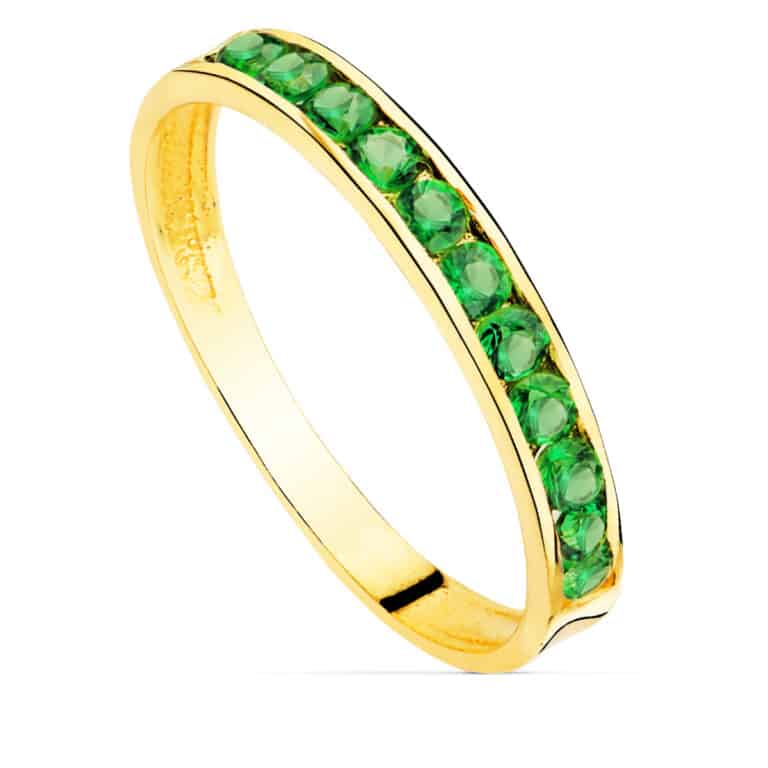 Anillo Media Alianza en Oro Amarillo 18 Quilates Ancho 2,5 mm con Circonitas Verdes - Imagen 1
