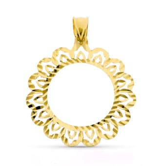 Colgante 18 mm Oro Amarillo 18 Quilates Hueco Moneda con Cerco Calado
