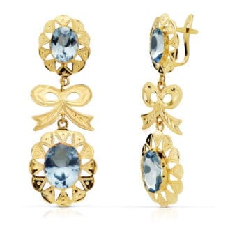 Pendientes 43 x 15 mm Oro Amarillo 18K Tipo Cubanas Lazo y Aguamarinas