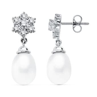 Pendientes 24 x 9 mm Oro Blanco 18K Perla Cultivada