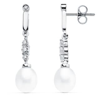 Pendientes 31 x 7 mm Oro Blanco 18K Perla Cultivada y Circonitas