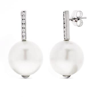 Pendientes 20 x 14 mm Oro Blanco 18K Banda Circonitas y Perla Cultivada
