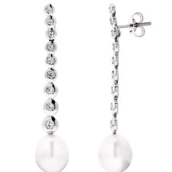 Pendientes Largos 35 x 9 mm Oro Blanco 18K Perla y Chatones
