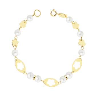 Pulsera Niña Comunión 16,5 cm de Oro Amarillo 18 Quilates Perlas y Flores Caladas