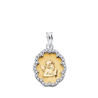 Medalla Ángel Burlón 17 x 14 mm en Oro Bicolor 18 Quilates Cerco Circonitas