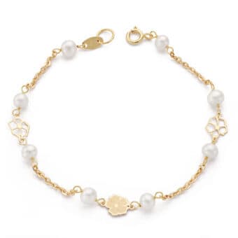 Pulsera Niña Comunión 17 cm en Oro Amarillo 18 Quilates Perlas y Flores Caladas y Lisas