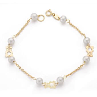 Pulsera Niña Comunión 17 cm en Oro Amarillo 18 Quilates Perlas con Osos