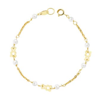 Pulsera Comunión Niña en Oro Amarillo 18 Quilates Perlas con Osos