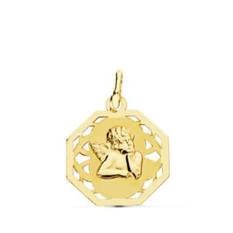 Medalla Bebé 17 x 14 mm en Oro Amarillo 18 Quilates Ángel Burlón Octogonal