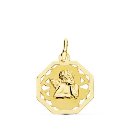 Medalla Bebé 17 x 14 mm en Oro Amarillo 18 Quilates Ángel Burlón Octogonal