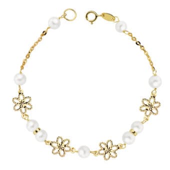 Pulsera Niña Comunión 18 cm en Oro Amarillo 18 Quilates Perlas y Flores Talladas