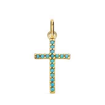 Cruz 16 x 10 mm en Oro Amarillo de 18K Turquesas
