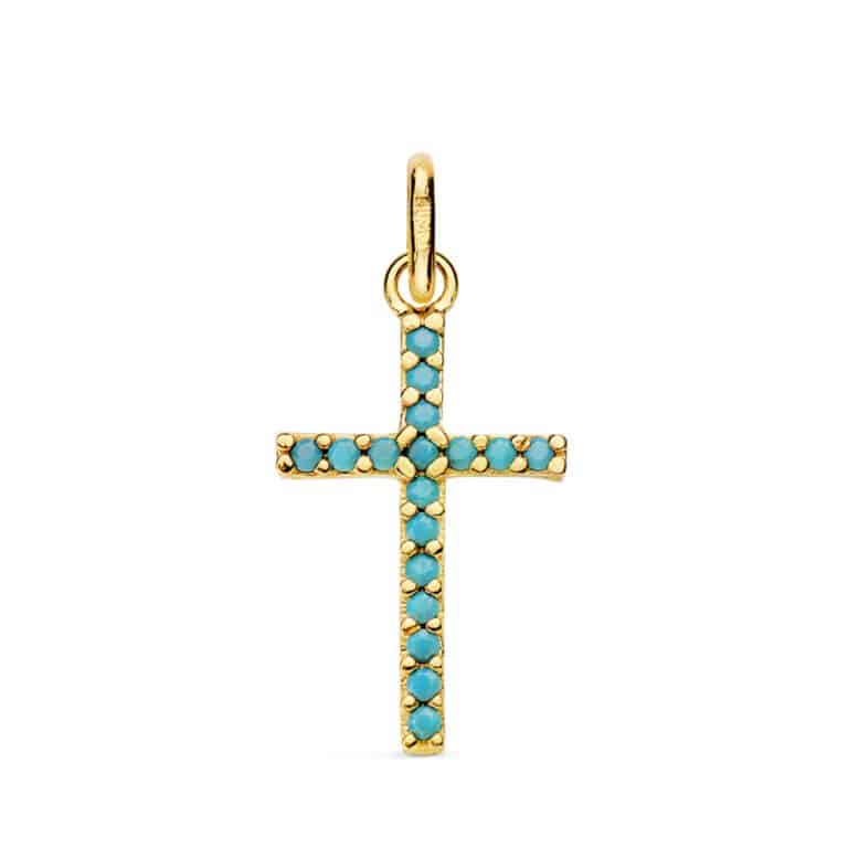 Cruz 16 x 10 mm en Oro Amarillo de 18K Turquesas - Imagen 1