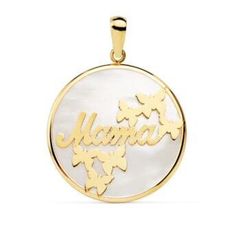 Colgante Mamá 20 mm Oro Amarillo 18 Quilates Nácar Mariposas