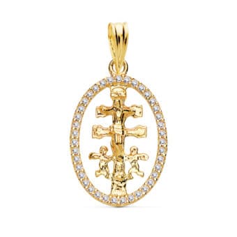 Cruz de Caravaca 18 x 13 mm Oro Amarillo 18K Orla de Circonitas