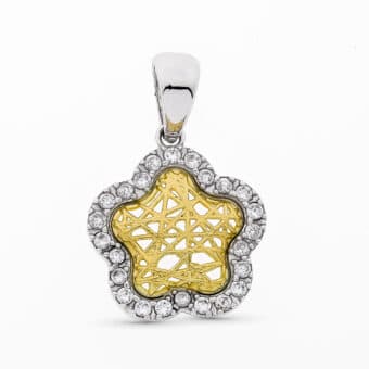 Colgante 21 x 18 mm Oro Bicolor 18 Quilates Flor Malla Circonitas