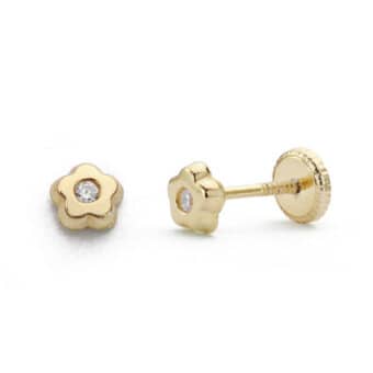 Pendientes Bebé 4 mm en Oro Amarillo 18 Quilates Flor Lisa con Circonita