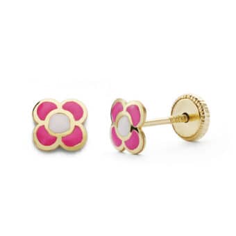 Pendientes Bebé 6 mm Oro Amarillo 18 Quilates Flor Esmalte Rosa
