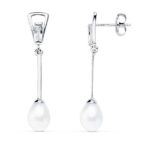 Pendientes 31 x 5 mm Oro Blanco 18K con Perla y Circonita