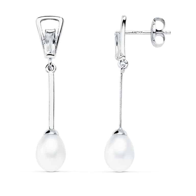Pendientes 31 x 5 mm Oro Blanco 18K con Perla y Circonita - Imagen 1