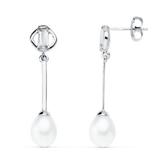 Pendientes 29 x 6 mm Oro Blanco 18K con Perla y Circonita