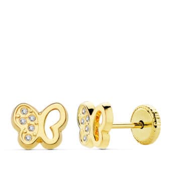 Pendientes Bebé Mariposa 7 x 6 mm Oro Amarillo 18 Quilates Circonitas
