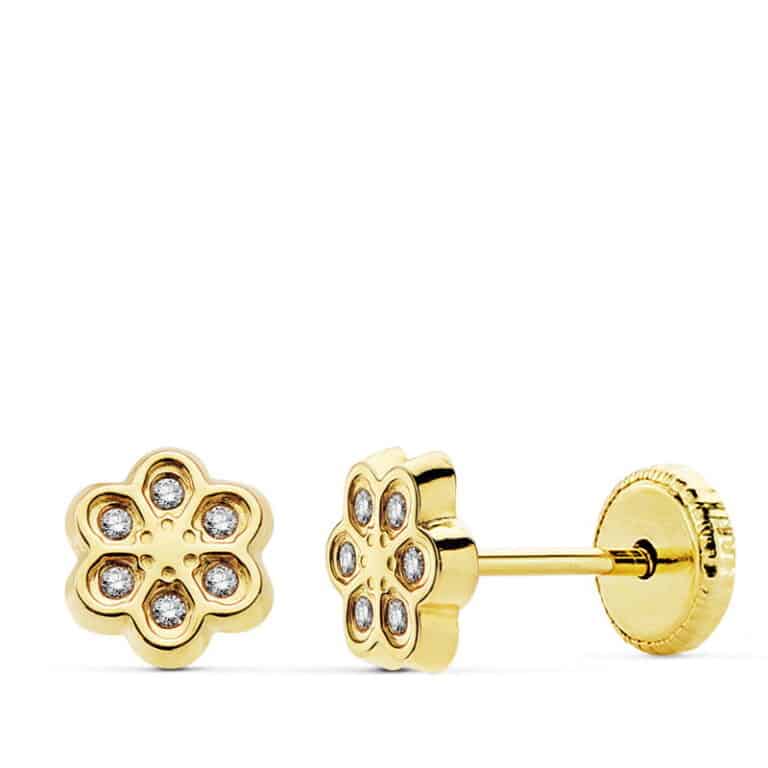 Pendientes Bebé 6,5 mm Oro Amarillo 18 Quilates Flor Pétalos Circonitas - Imagen 1