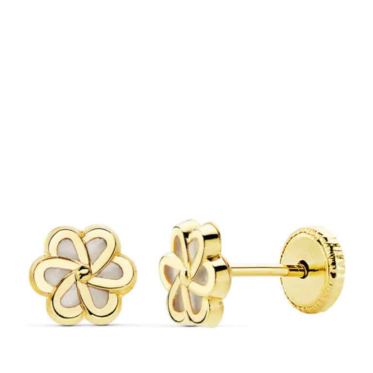 Pendientes Bebé 6 x 6 mm en Oro Amarillo 18 Quilates Flor Nácar - Imagen 1
