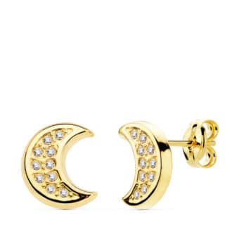 Pendientes 9 x 8 mm en Oro Amarillo 18 Quilates Media Luna Cuajo Circonitas