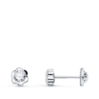 Pendientes Bebé 5mm Oro Blanco 18K Flor Circonita