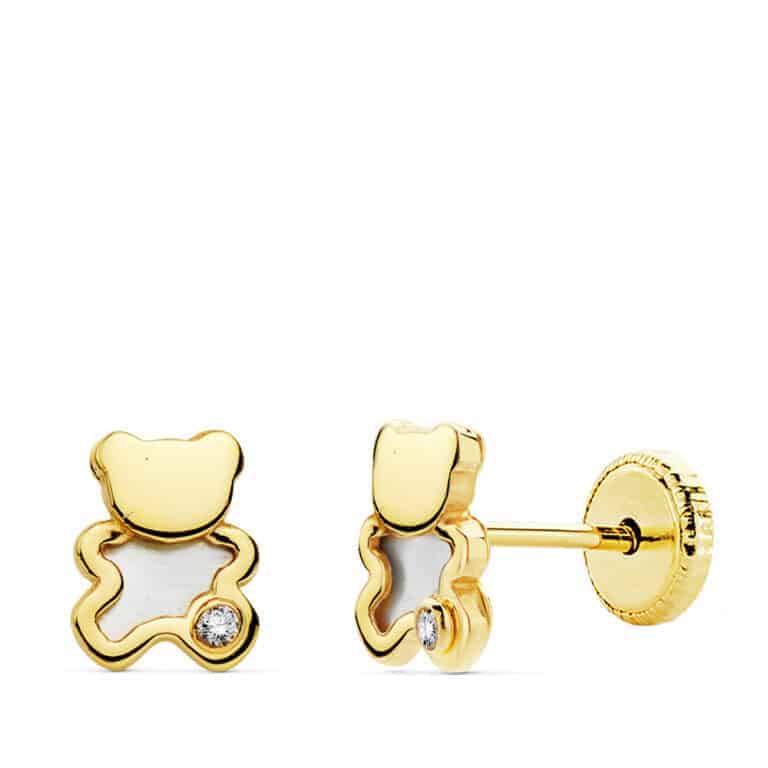 Pendientes Bebé 6,5 x 5 mm en Oro Amarillo de 18 Quilates Oso Nácar - Imagen 1