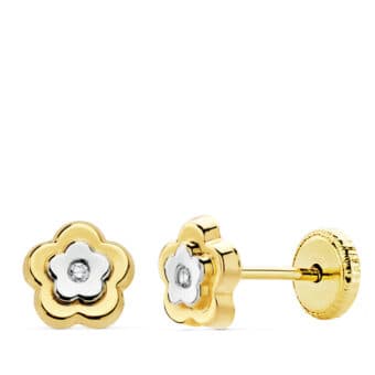 Pendientes Bebé Flor 6 mm en Oro 18 Quilates Bicolor y Circonita