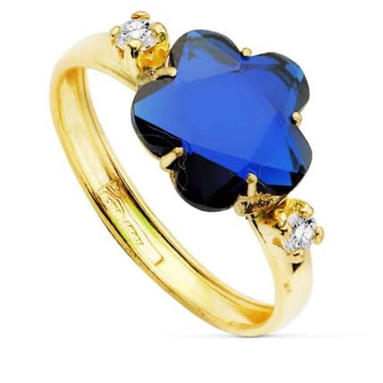 Anillo en Oro Amarillo 18K con Circonita Flor Azul 10 x 10 mm