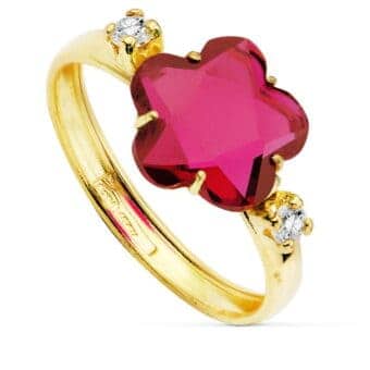 Anillo en Oro Amarillo 18K con Circonita Flor Roja 10 x 10 mm