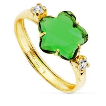 Anillo en Oro Amarillo 18K con Circonita Flor Verde 10 x 10 mm
