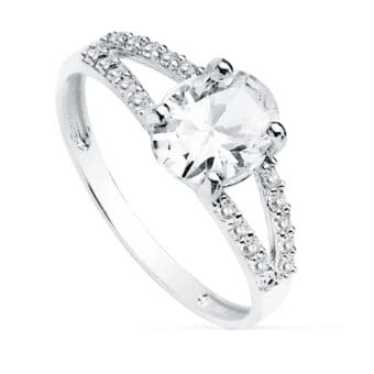 Solitario Compromiso Oro Blanco 18K Aro Abierto Circonita 8 x 6 mm